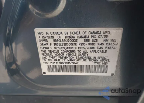 2006 Honda Pilot Ex-L z USA, uszkodzony, nr VIN 2HKYF18686H559520